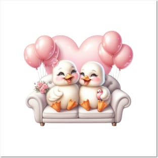 Valentine Duck Couple Sitting Sofa Posters and Art